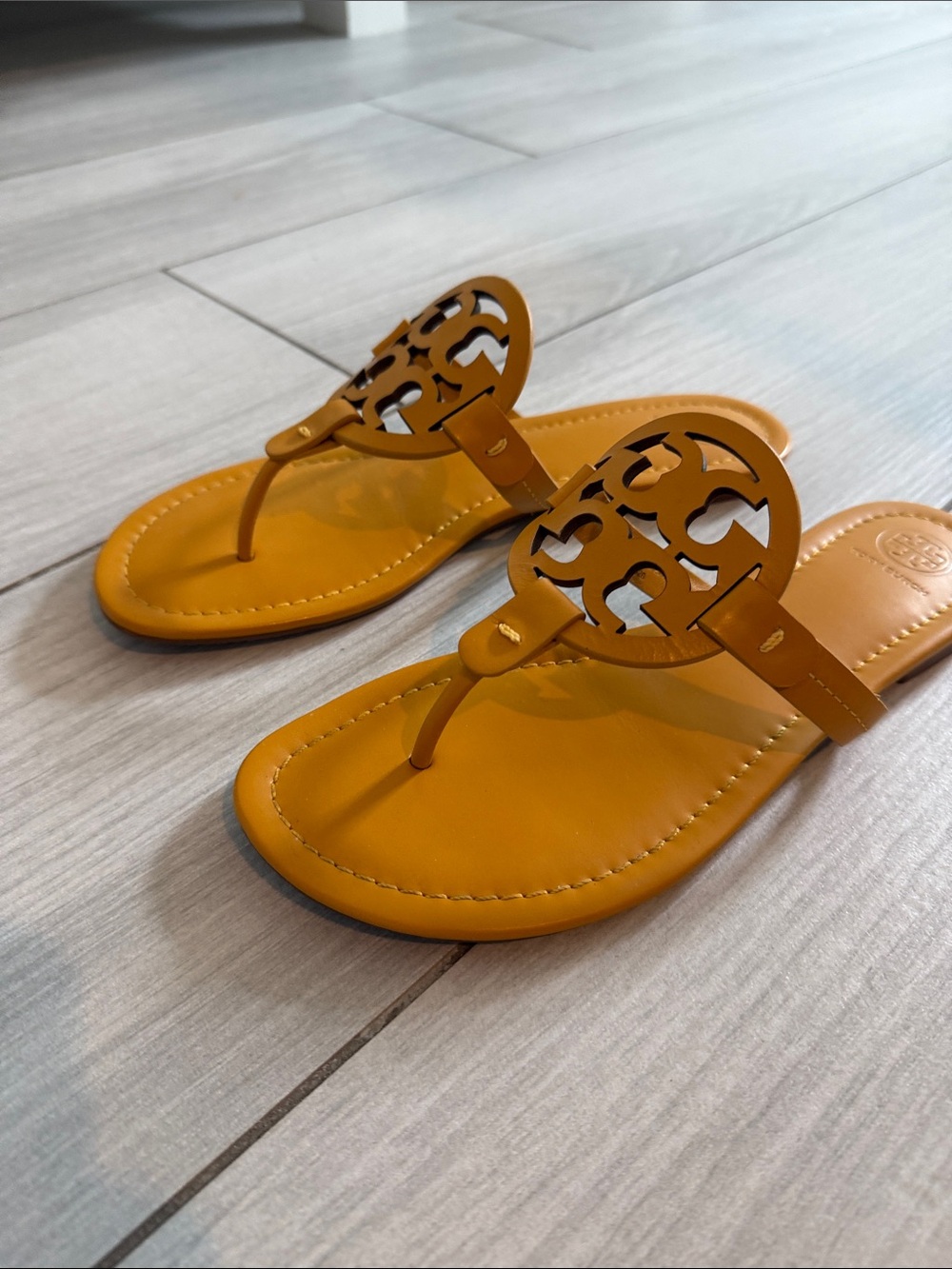 Tory Burch Miller Calf Leather Sandals in Goldenrod - Picture 3 of 5